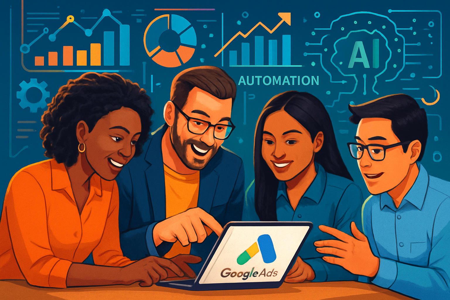 Marketers collaborating on AI tools for Google Ads optimization.