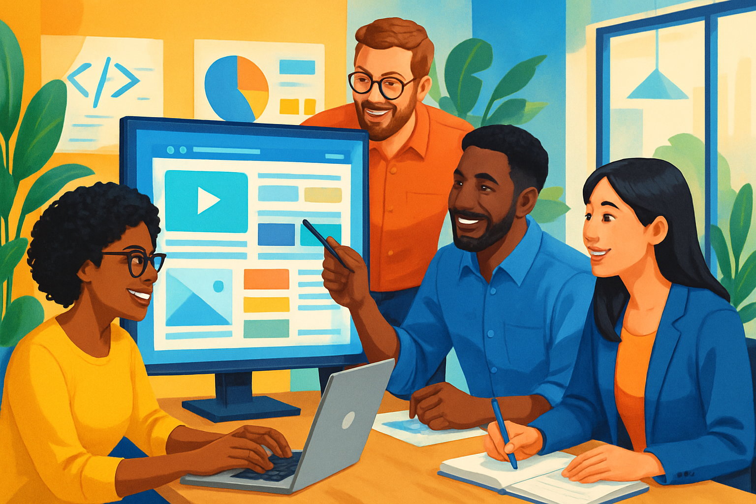 Diverse professionals discussing a digital project in a modern office.