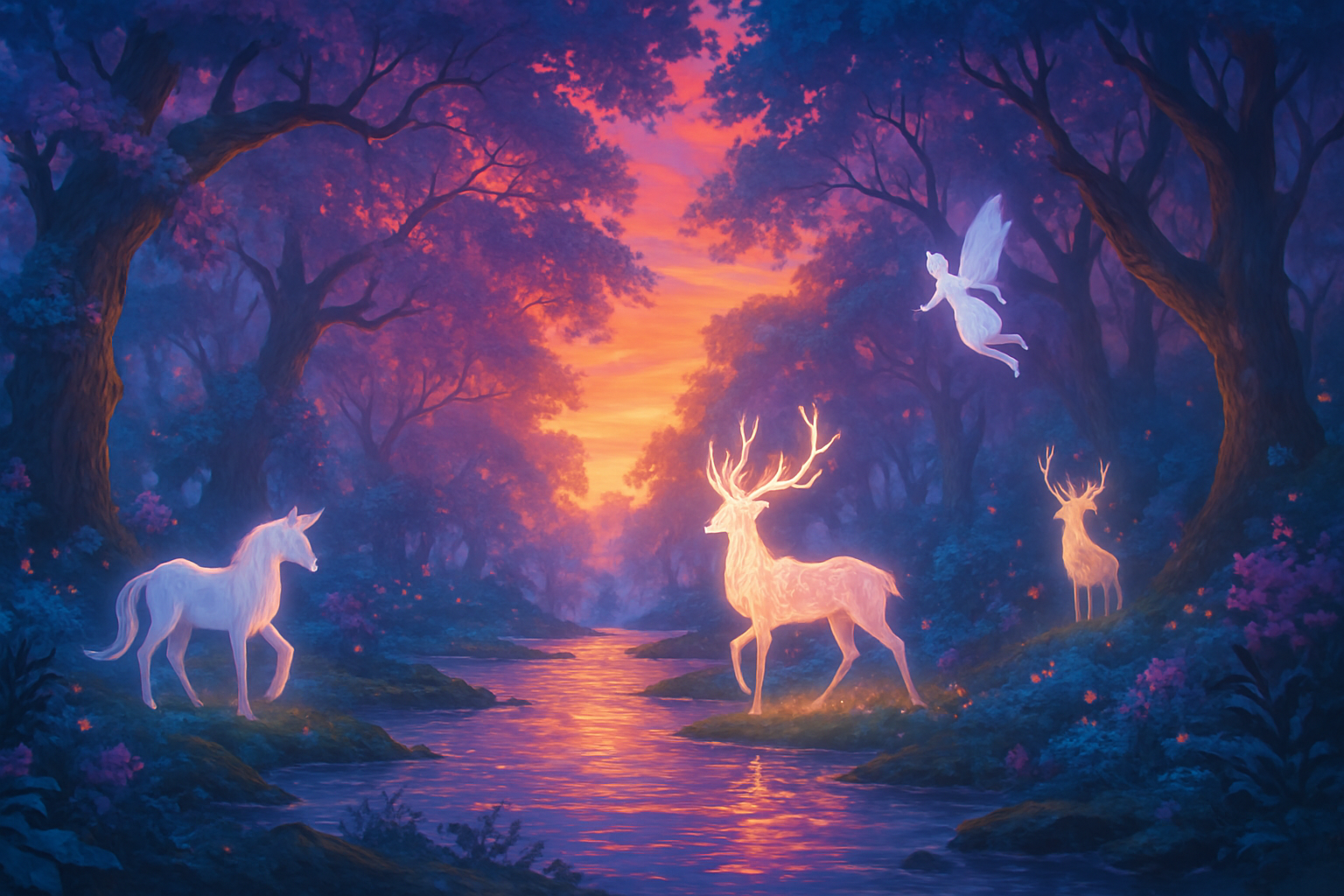 A vibrant fantasy forest scene with a shimmering river and ethereal creatures.