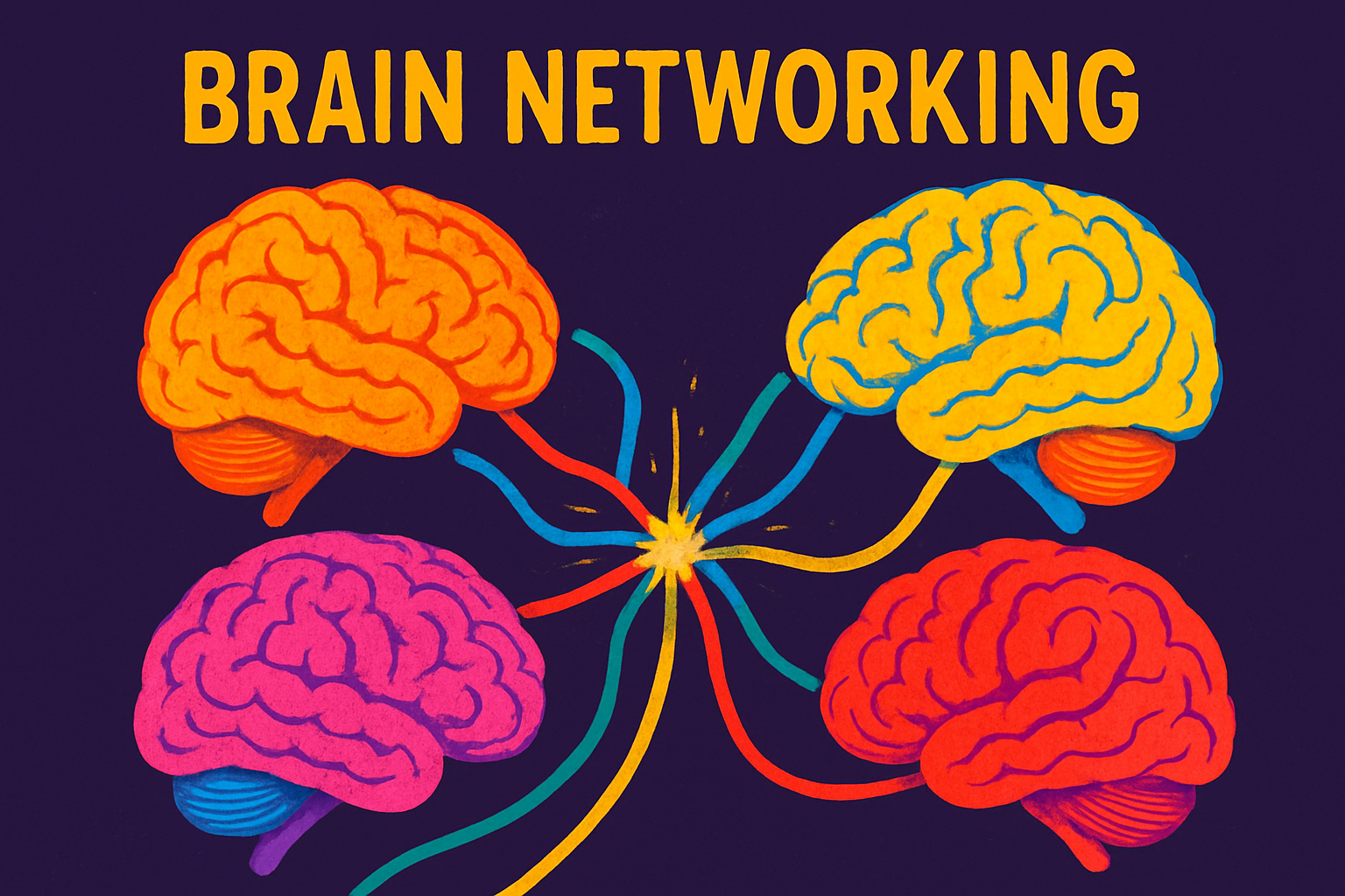 Colorful interconnected brains representing collaboration.